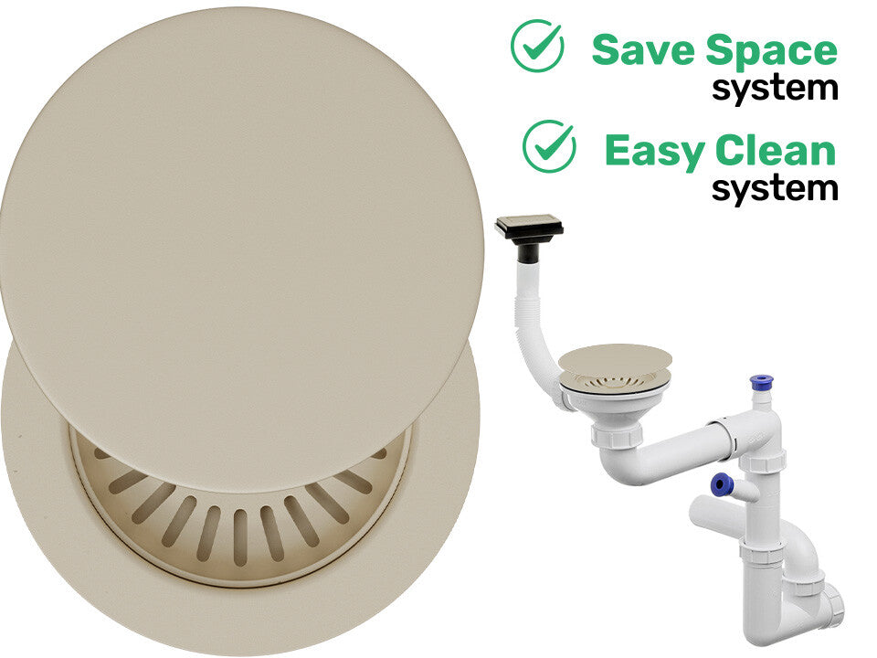 Sifon Save Space + Easy Clean, cuvă simplă, cu mască, preaplin vertical, dop manual