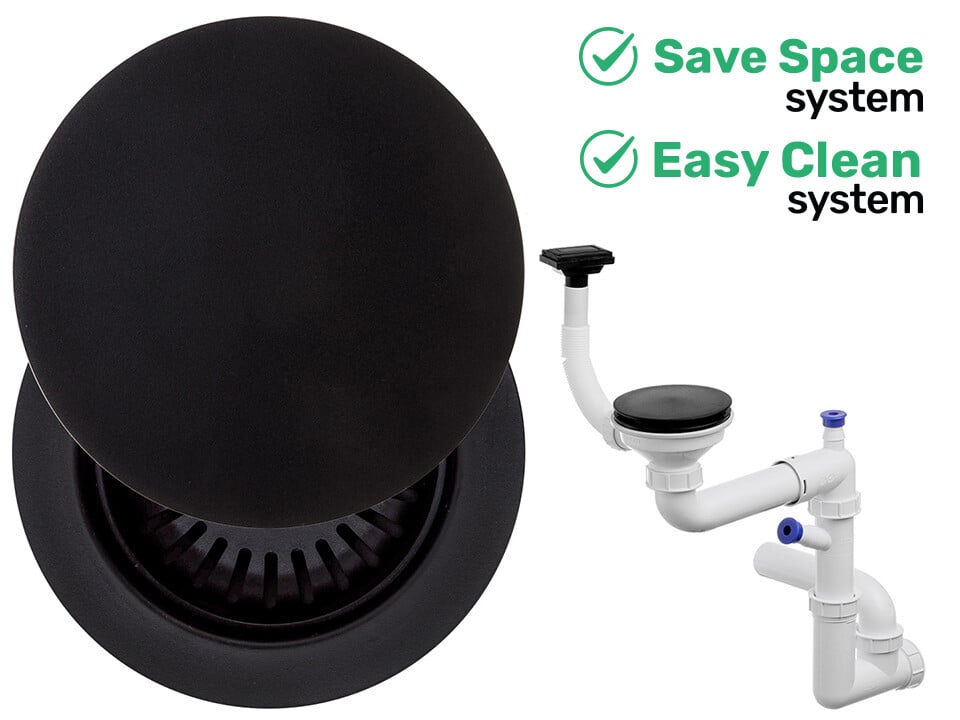 Sifon Save Space + Easy Clean, cuvă simplă, cu mască, preaplin vertical, dop manual