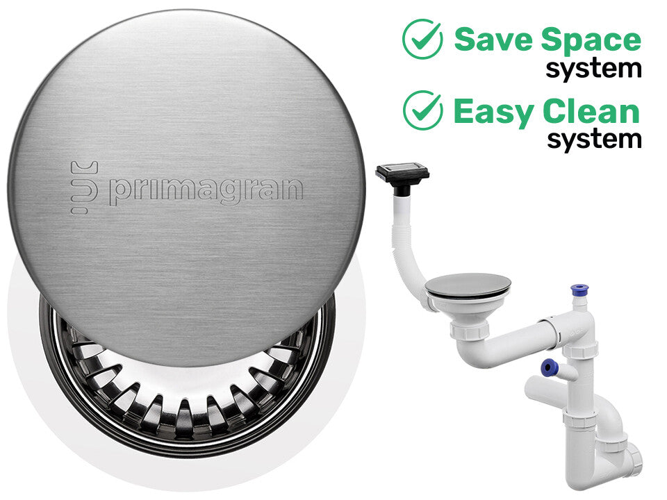 Sifon Save Space + Easy Clean, cuvă simplă, cu mască, preaplin vertical, dop manual