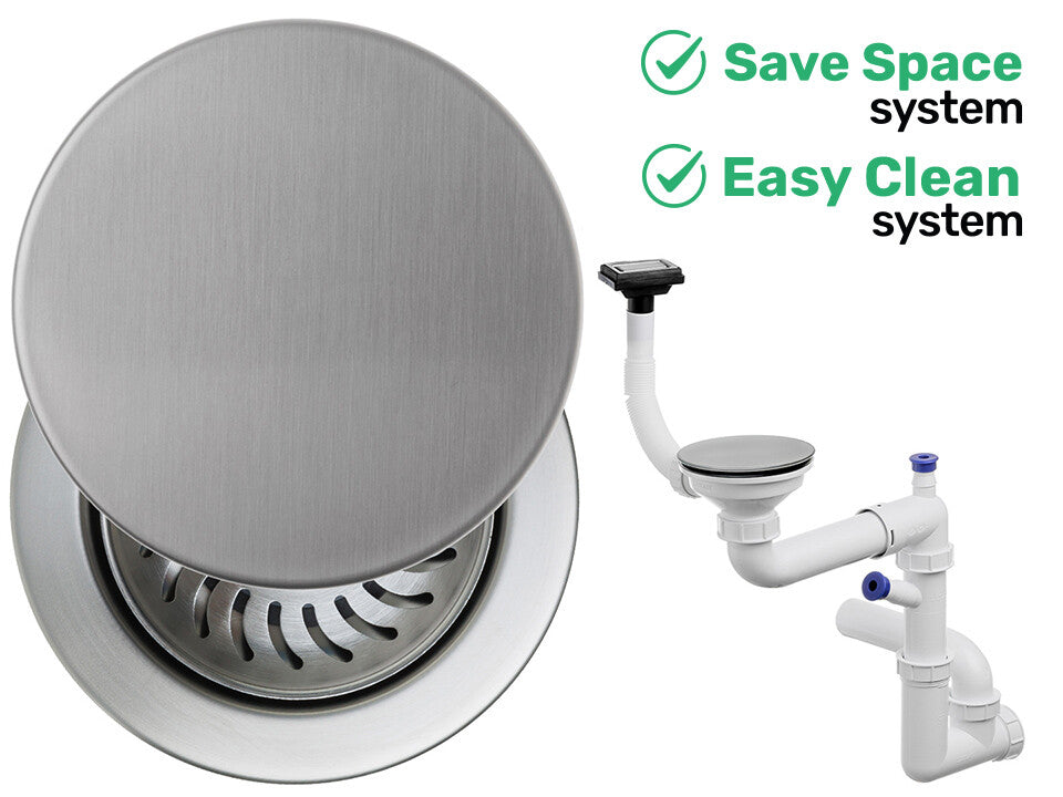 Sifon Save Space + Easy Clean, cuvă simplă, cu mască, preaplin vertical, dop manual