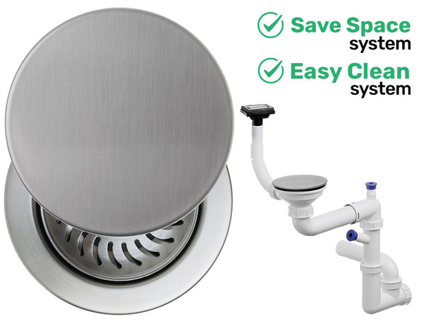 Sifon Save Space + Easy Clean, cuvă simplă, cu mască, preaplin vertical, dop manual