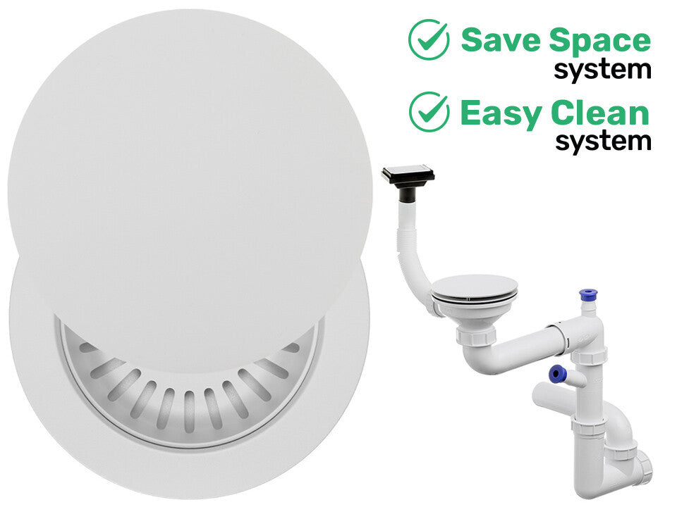 Sifon Save Space + Easy Clean, cuvă simplă, cu mască, preaplin vertical, dop manual