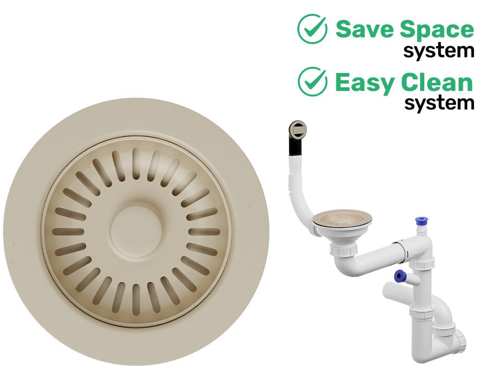 Sifon Save Space + Easy Clean pentru chiuvete sub blat, cu o cuvă – preaplin rotund, dop manual