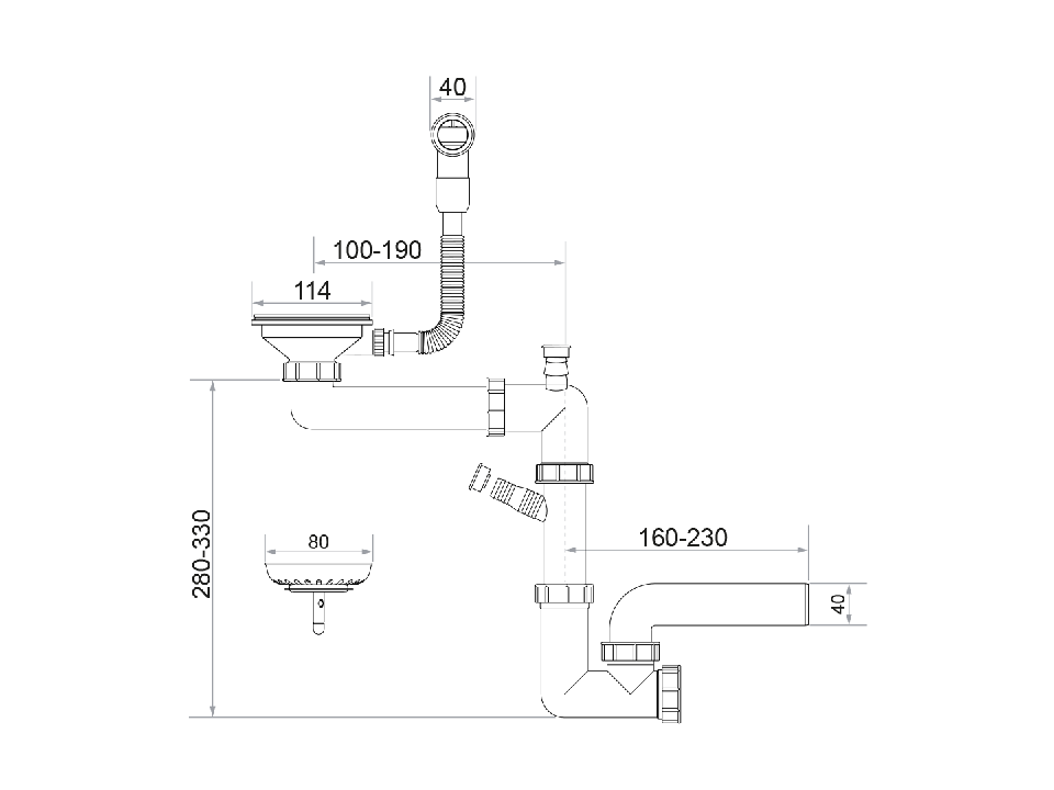 Sifon Save Space + Easy Clean pentru chiuvete sub blat, cu o cuvă – preaplin rotund, dop manual