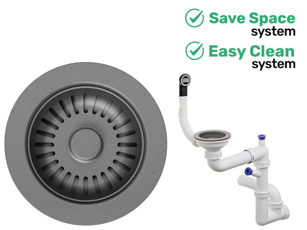 Sifon Save Space + Easy Clean pentru o singură cuvă — dop manual, preaplin dreptunghiular