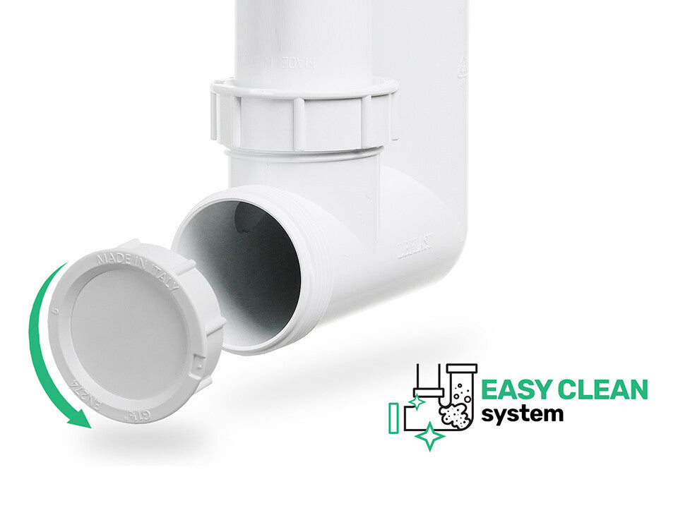 Sifon Save Space + Easy Clean pentru chiuvete sub blat, cu o cuvă – preaplin rotund, dop manual