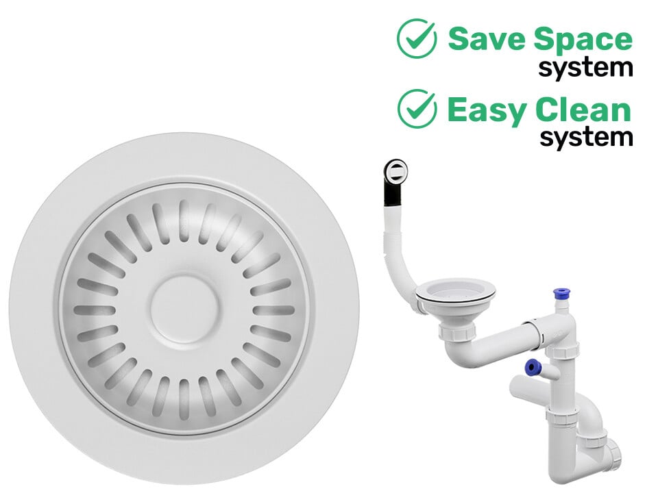 Sifon Save Space + Easy Clean pentru chiuvete sub blat, cu o cuvă – preaplin rotund, dop manual