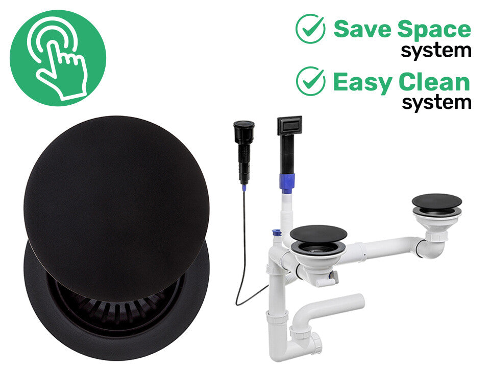 Sifon Save Space + Easy Clean cu Mască, pentru 2 cuve — preaplin dreptunghiular, dop automat cu buton