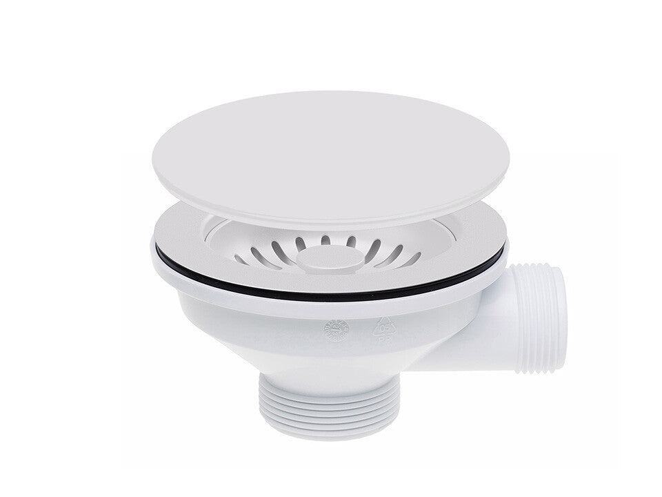 Sifon Save Space + Easy Clean cu Mască, pentru 2 cuve — preaplin dreptunghiular, dop automat cu buton