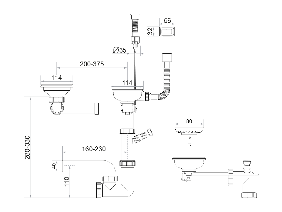Sifon Save Space + Easy Clean cu Mască, pentru 2 cuve — preaplin dreptunghiular, dop automat cu buton