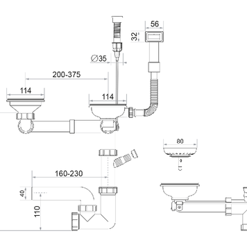 Sifon Save Space + Easy Clean cu Mască, pentru 2 cuve — preaplin dreptunghiular, dop automat cu buton