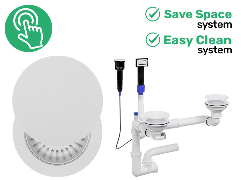 Sifon Save Space + Easy Clean cu Mască, pentru 2 cuve — preaplin dreptunghiular, dop automat cu buton