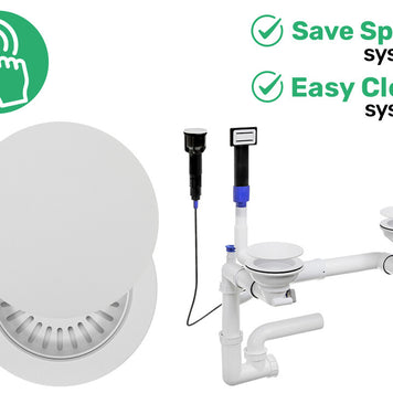 Sifon Save Space + Easy Clean cu Mască, pentru 2 cuve — preaplin dreptunghiular, dop automat cu buton