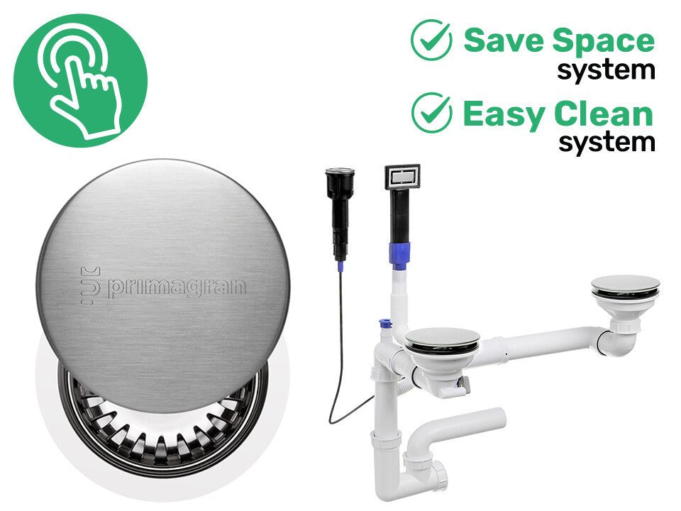 Sifon Save Space + Easy Clean cu Mască, pentru 2 cuve — preaplin dreptunghiular, dop automat cu buton