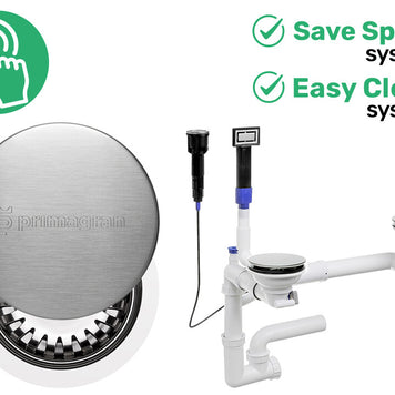 Sifon Save Space + Easy Clean cu Mască, pentru 2 cuve — preaplin dreptunghiular, dop automat cu buton