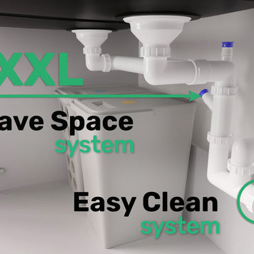 Sifon Save Space + Easy Clean cu Mască, pentru 2 cuve — preaplin dreptunghiular, dop automat cu buton