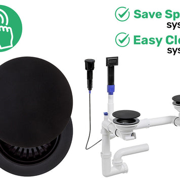 Sifon Save Space + Easy Clean cu Mască, pentru 2 cuve — preaplin dreptunghiular, dop automat cu buton