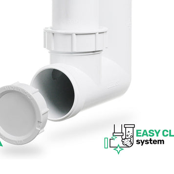 Sifon Save Space + Easy Clean cu Mască, pentru 2 cuve — preaplin dreptunghiular, dop automat cu buton