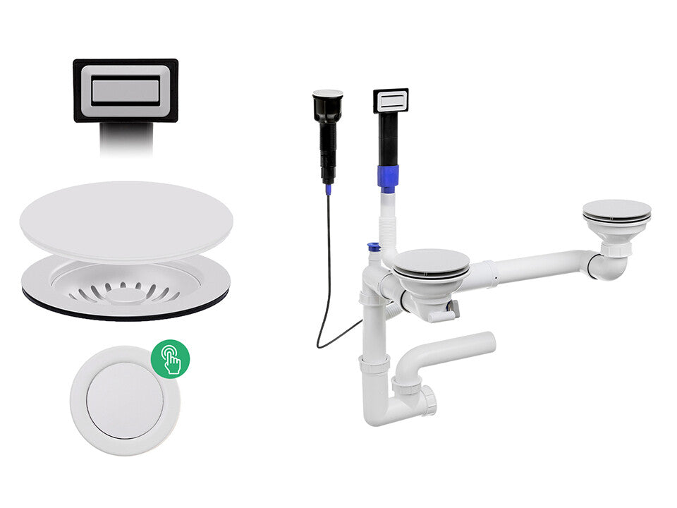 Sifon Save Space + Easy Clean cu Mască, pentru 2 cuve — preaplin dreptunghiular, dop automat cu buton