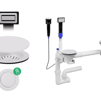 Sifon Save Space + Easy Clean cu Mască, pentru 2 cuve — preaplin dreptunghiular, dop automat cu buton