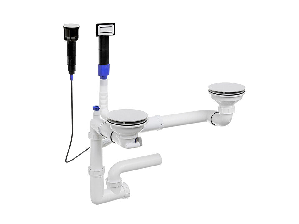 Sifon Save Space + Easy Clean cu Mască, pentru 2 cuve — preaplin dreptunghiular, dop automat cu buton