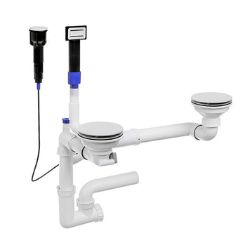 Sifon Save Space + Easy Clean cu Mască, pentru 2 cuve — preaplin dreptunghiular, dop automat cu buton