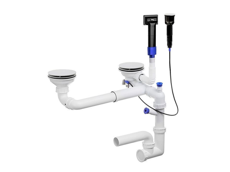 Sifon Save Space + Easy Clean cu Mască, pentru 2 cuve — preaplin dreptunghiular, dop automat cu buton