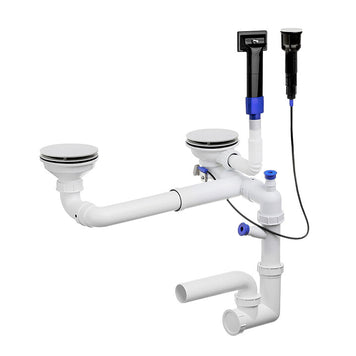 Sifon Save Space + Easy Clean cu Mască, pentru 2 cuve — preaplin dreptunghiular, dop automat cu buton