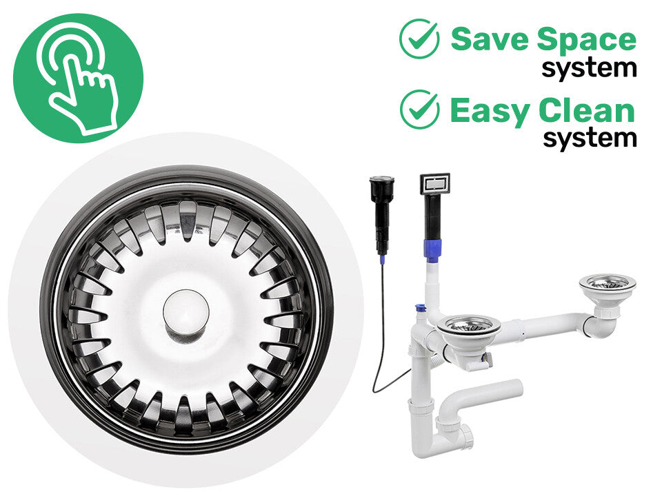 Sifon Save Space + Easy Clean pentru două cuve, automat — cu preaplin dreptunghiular