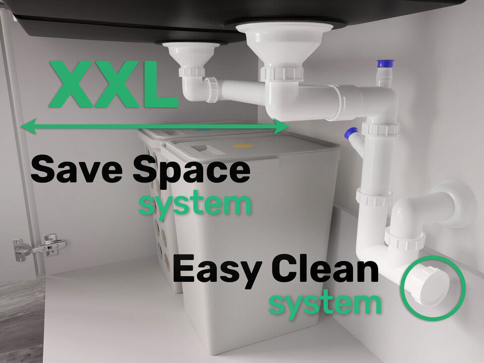 Sifon Save Space + Easy Clean pentru două cuve, automat — cu preaplin dreptunghiular