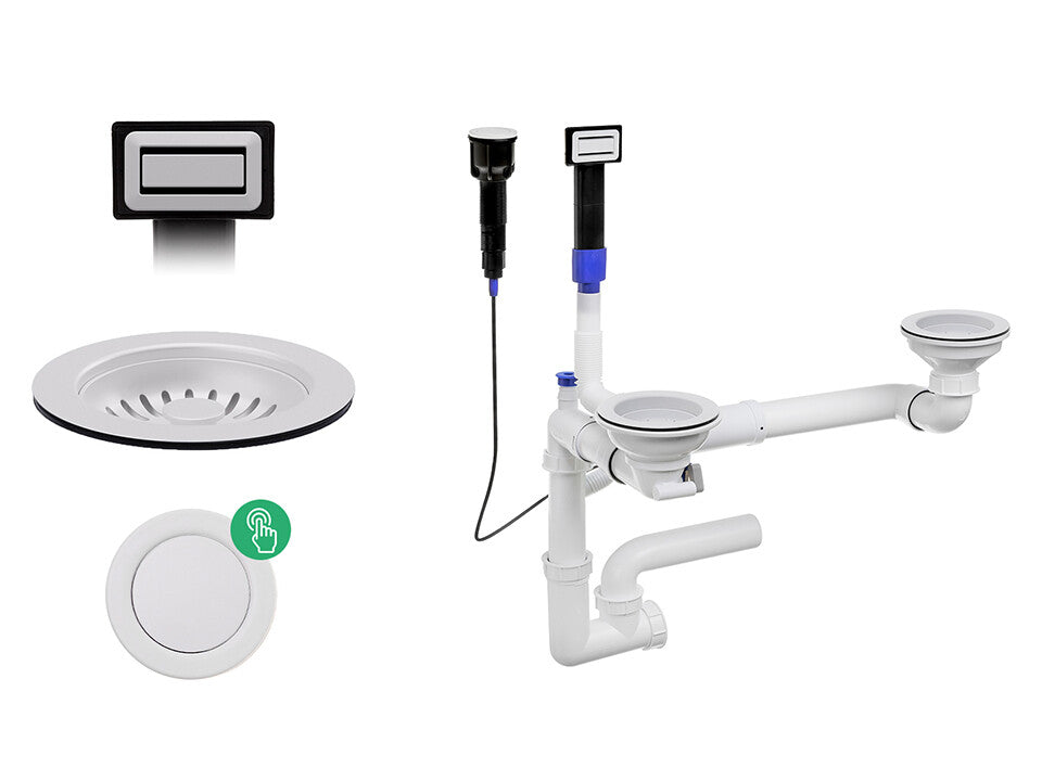 Sifon Save Space + Easy Clean pentru două cuve, automat — cu preaplin dreptunghiular