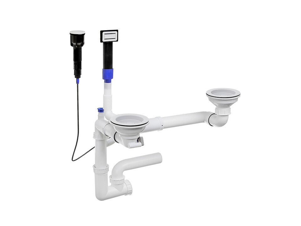 Sifon Save Space + Easy Clean pentru două cuve, automat — cu preaplin dreptunghiular