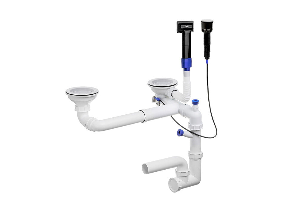 Sifon Save Space + Easy Clean pentru două cuve, automat — cu preaplin dreptunghiular