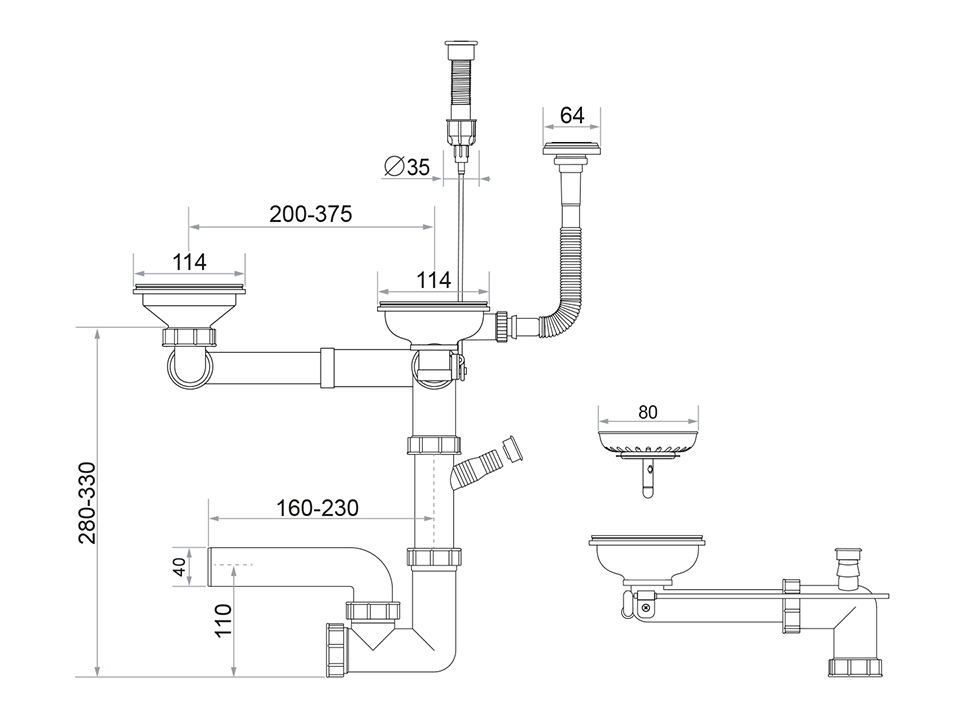 Sifon Save Space + Easy Clean pentru două cuve, cu mască — preaplin vertical (control manual)