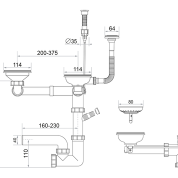 Sifon Save Space + Easy Clean pentru două cuve, cu mască — preaplin vertical (control manual)