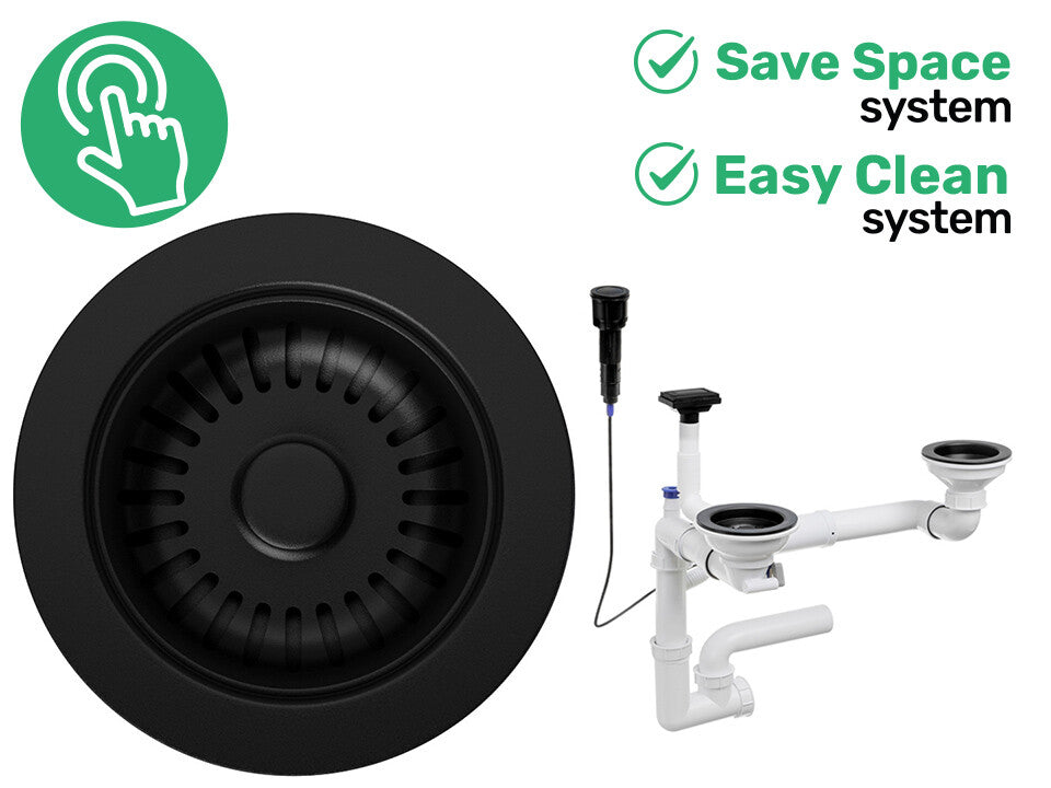 Sifon Save Space + Easy Clean pentru două cuve, cu mască — preaplin vertical (control manual)