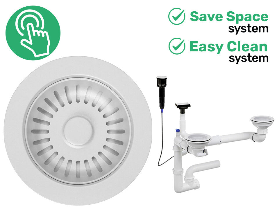 Sifon Save Space + Easy Clean pentru două cuve, cu mască — preaplin vertical (control manual)