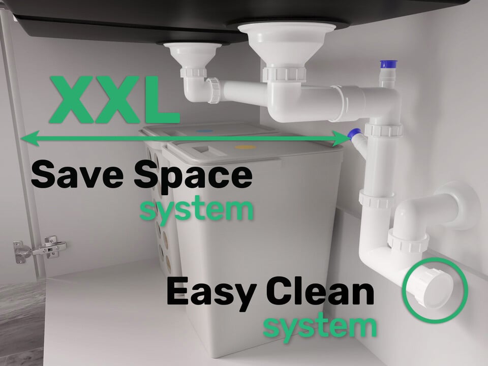 Sifon Save Space + Easy Clean pentru două cuve, cu mască — preaplin vertical (control manual)