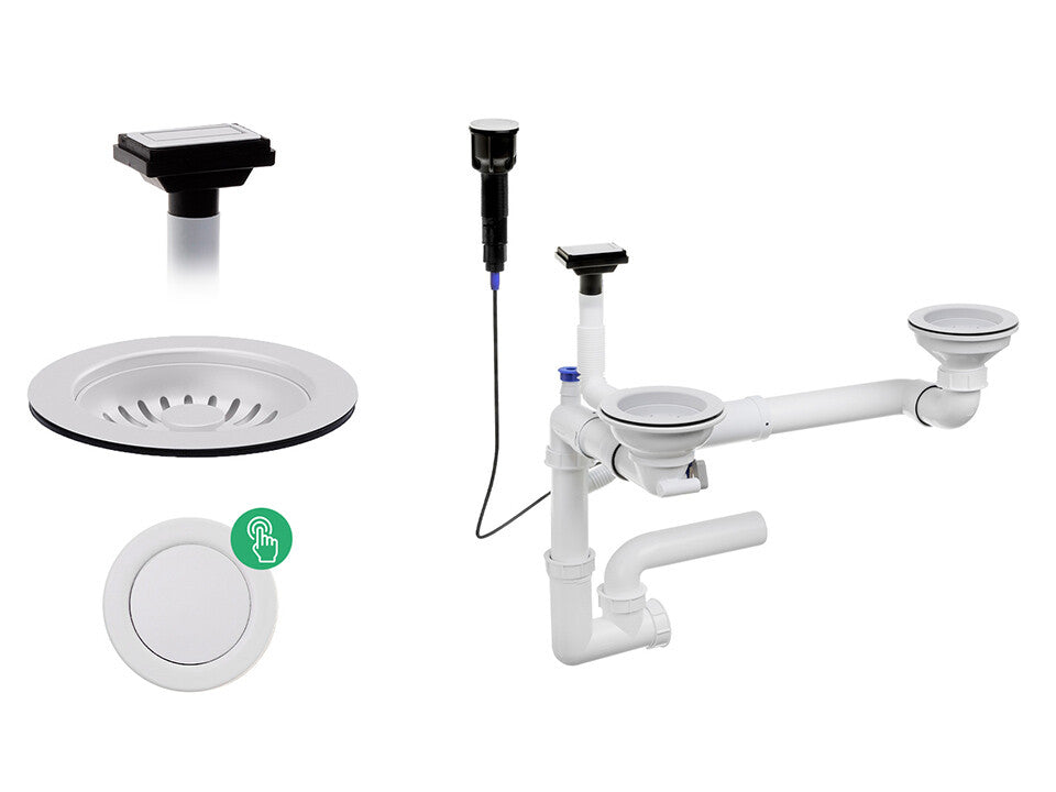 Sifon Save Space + Easy Clean pentru două cuve, cu mască — preaplin vertical (control manual)