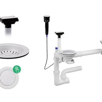 Sifon Save Space + Easy Clean pentru două cuve, cu mască — preaplin vertical (control manual)