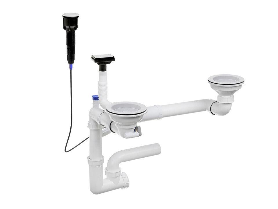 Sifon Save Space + Easy Clean pentru două cuve, cu mască — preaplin vertical (control manual)