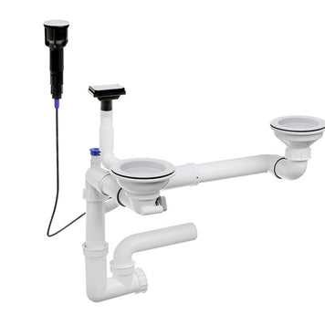 Sifon Save Space + Easy Clean pentru două cuve, cu mască — preaplin vertical (control manual)