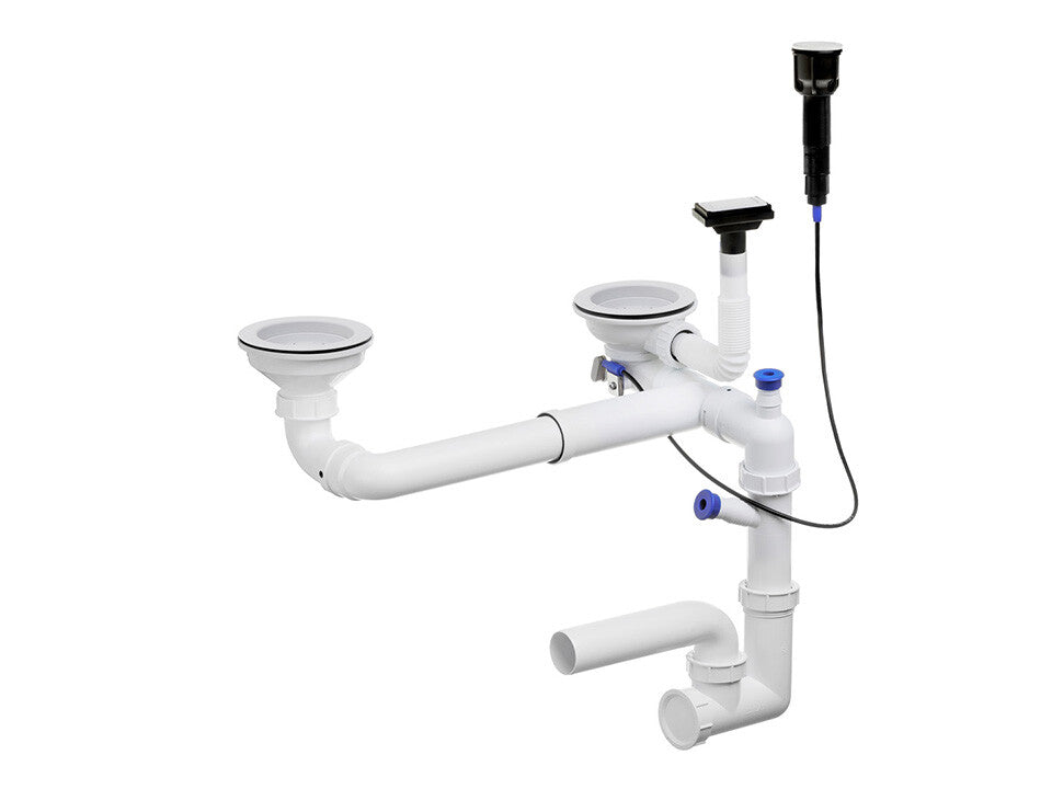 Sifon Save Space + Easy Clean pentru două cuve, cu mască — preaplin vertical (control manual)