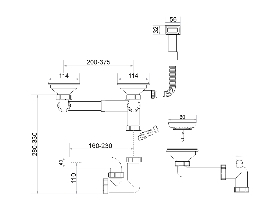 Sifon Save Space + Easy Clean pentru două cuve, manual, cu mască – preaplin dreptunghiular