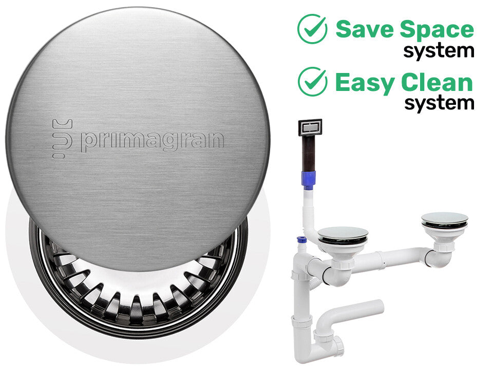 Sifon Save Space + Easy Clean pentru două cuve, manual, cu mască – preaplin dreptunghiular