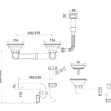 Sifon Save Space + Easy Clean pentru două cuve, manual, cu mască – preaplin dreptunghiular