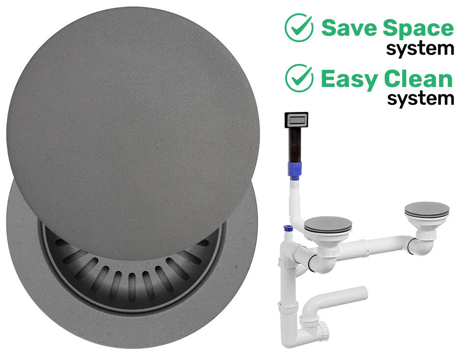 Sifon Save Space + Easy Clean pentru două cuve, manual, cu mască – preaplin dreptunghiular