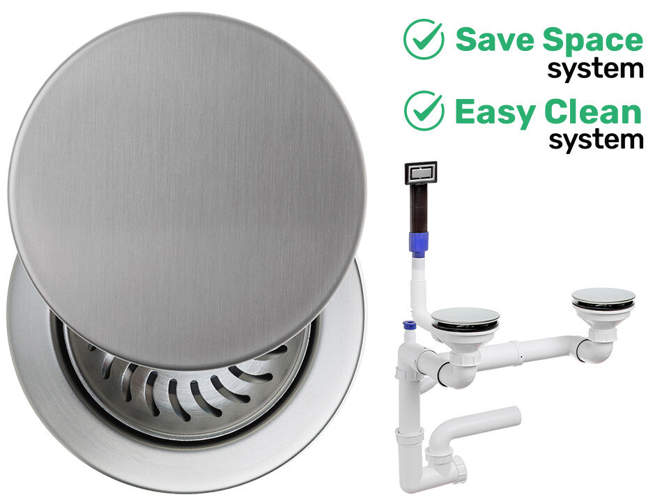 Sifon Save Space + Easy Clean pentru două cuve, manual, cu mască – preaplin dreptunghiular