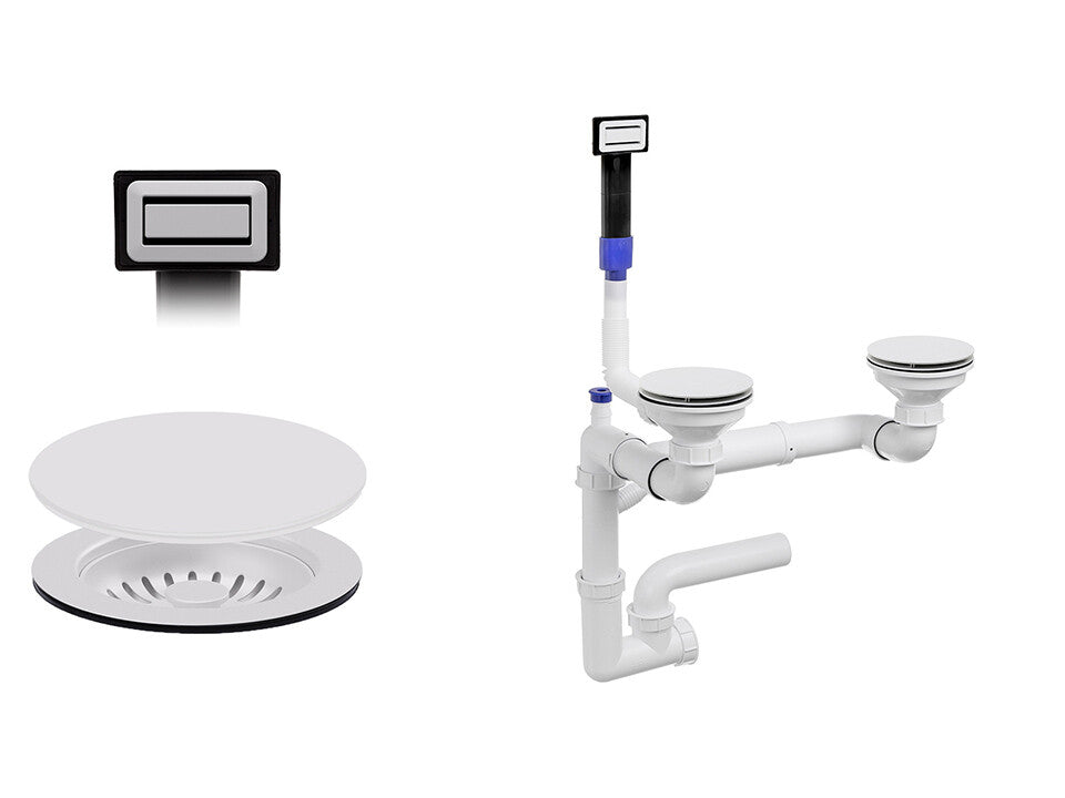 Sifon Save Space + Easy Clean pentru două cuve, manual, cu mască – preaplin dreptunghiular