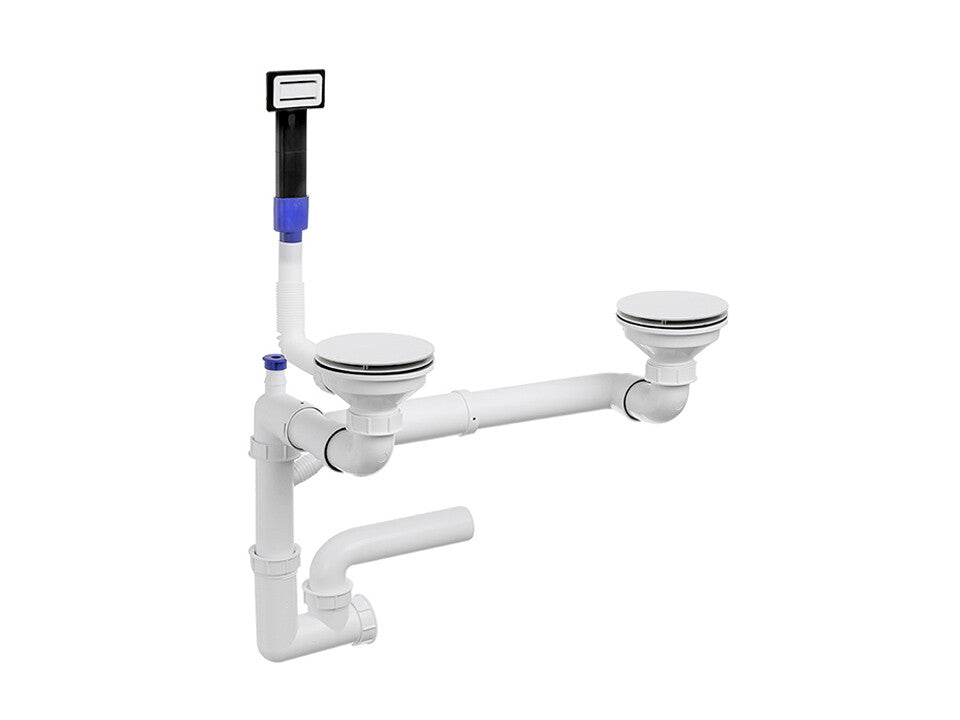 Sifon Save Space + Easy Clean pentru două cuve, manual, cu mască – preaplin dreptunghiular